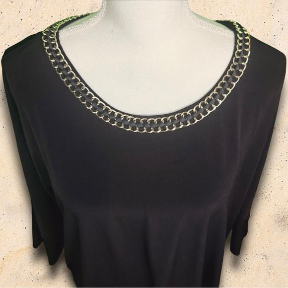 Calvin Klein Women’s Plus Size Black Dolman Sleeve Blouse With Gold Chain Neck - Picture 3 of 12